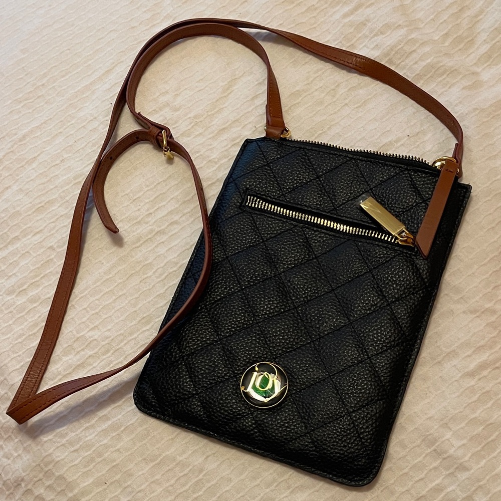 Black Quilted Crossbody Bag with Brown Strap